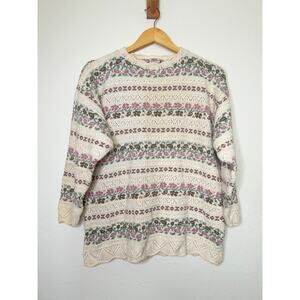 Vintage Cottagecore Floral Fair Isle Knit Sweater Size Medium Grandmacore